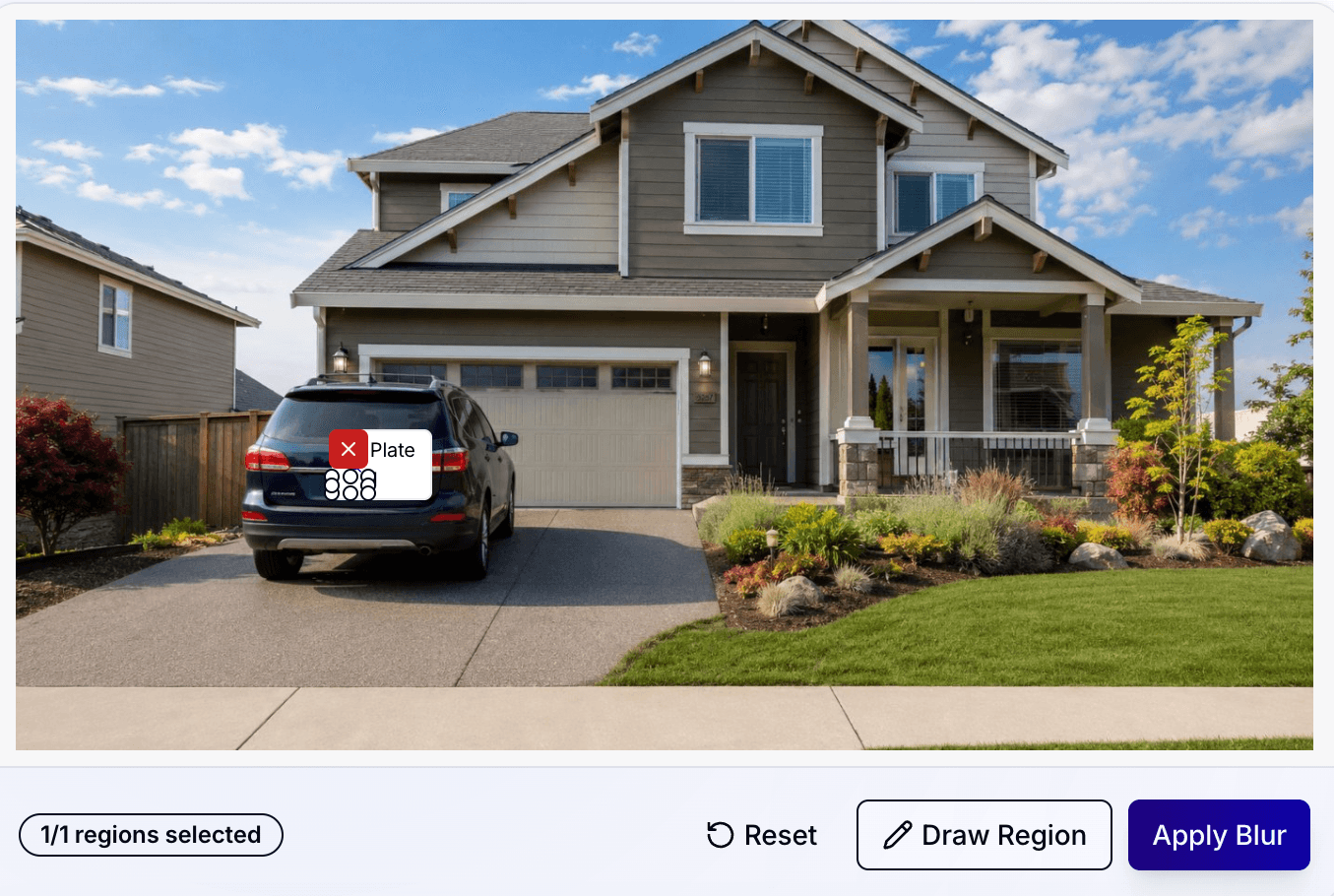 Output review screen showing a detected license plate with apply blur controls