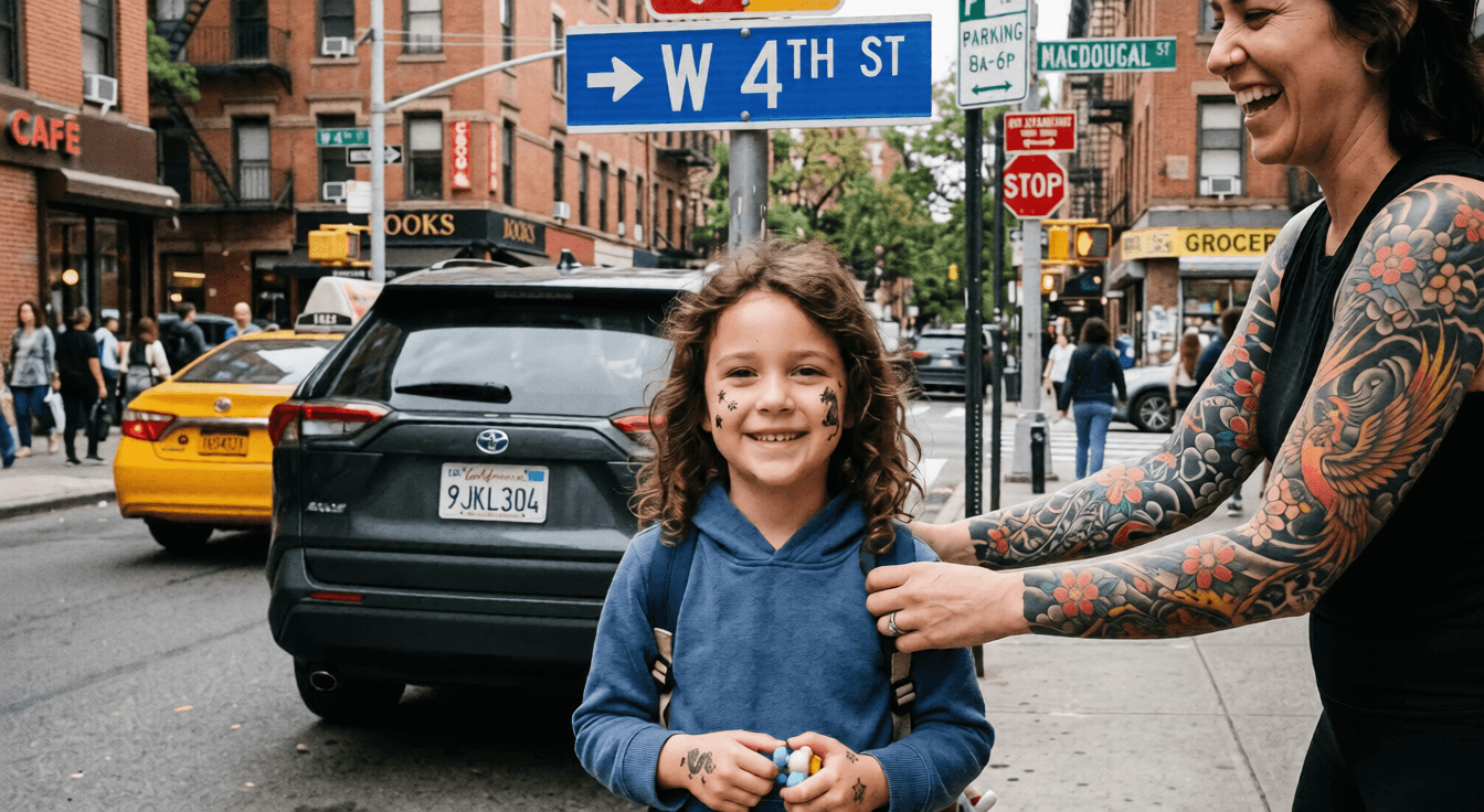 Original street photo: smiling child with face paint, woman with sleeve tattoos, parked SUV with visible license plate, and a W 4th St street sign