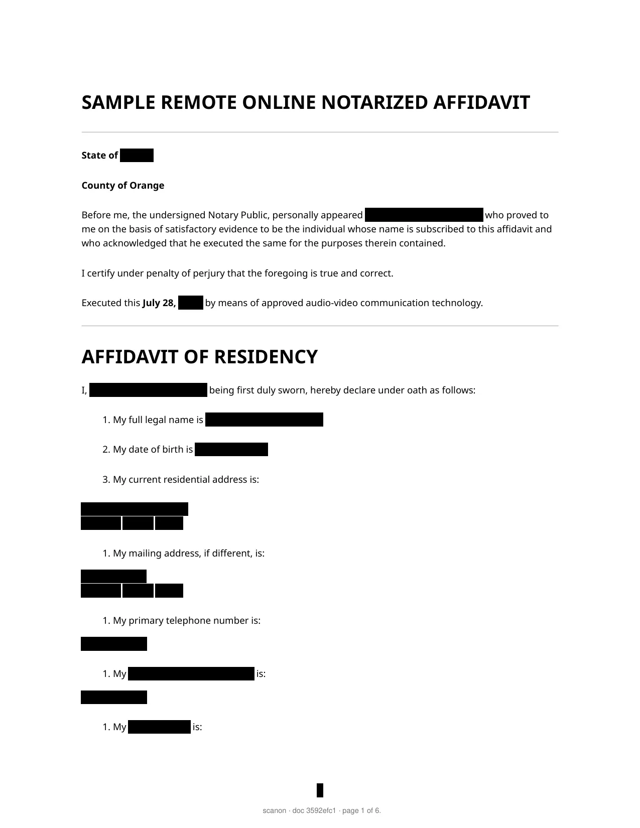 Affidavit of Residency — page 1 of 6